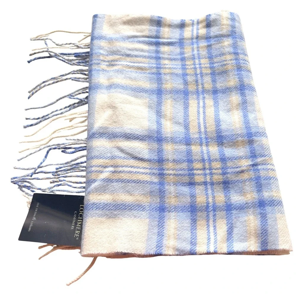 Lochmere Scarf Plaid 100% Cashmere Fringe Soft Luxury Blue Cream Tan One Size
